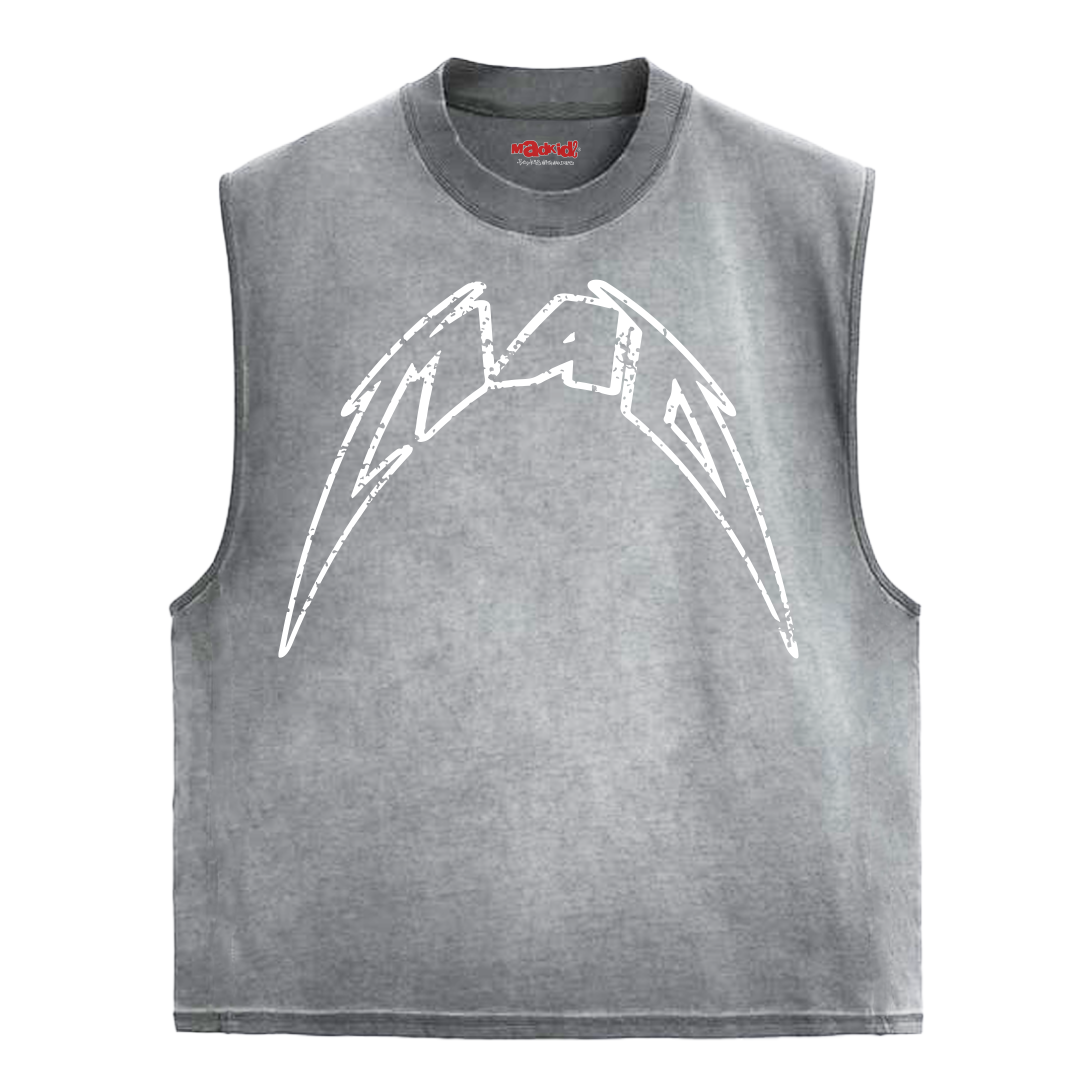 Mad Distressed Sleveless T-Shirt (Grey Garment Dye)