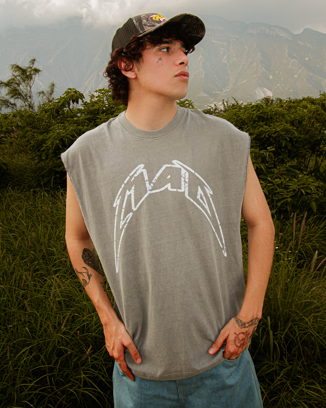 Mad Distressed Sleveless T-Shirt (Grey Garment Dye)